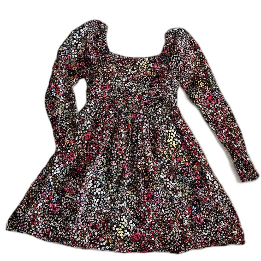 Gap Kids Black Floral Ditsy Print Long Sleeve Smocked Dress, Size XXL, 14-16